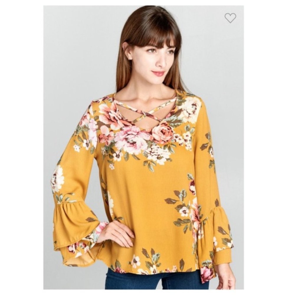 ❗️💞CLEARANCE❗️ Floral Tiered Bell Sleeve top - mustard